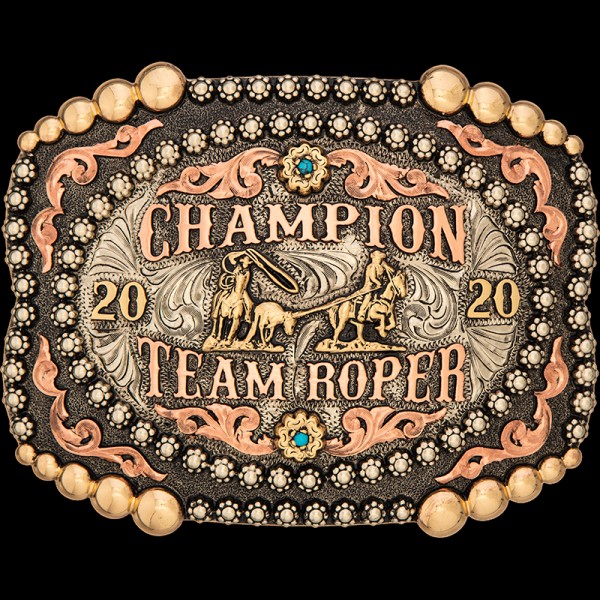 The Cabot Custom Belt Buckle features  a double signature berry edge and large silver bead frame, copper scrollwork and lettering.  Personalize this stunning western buckle now!